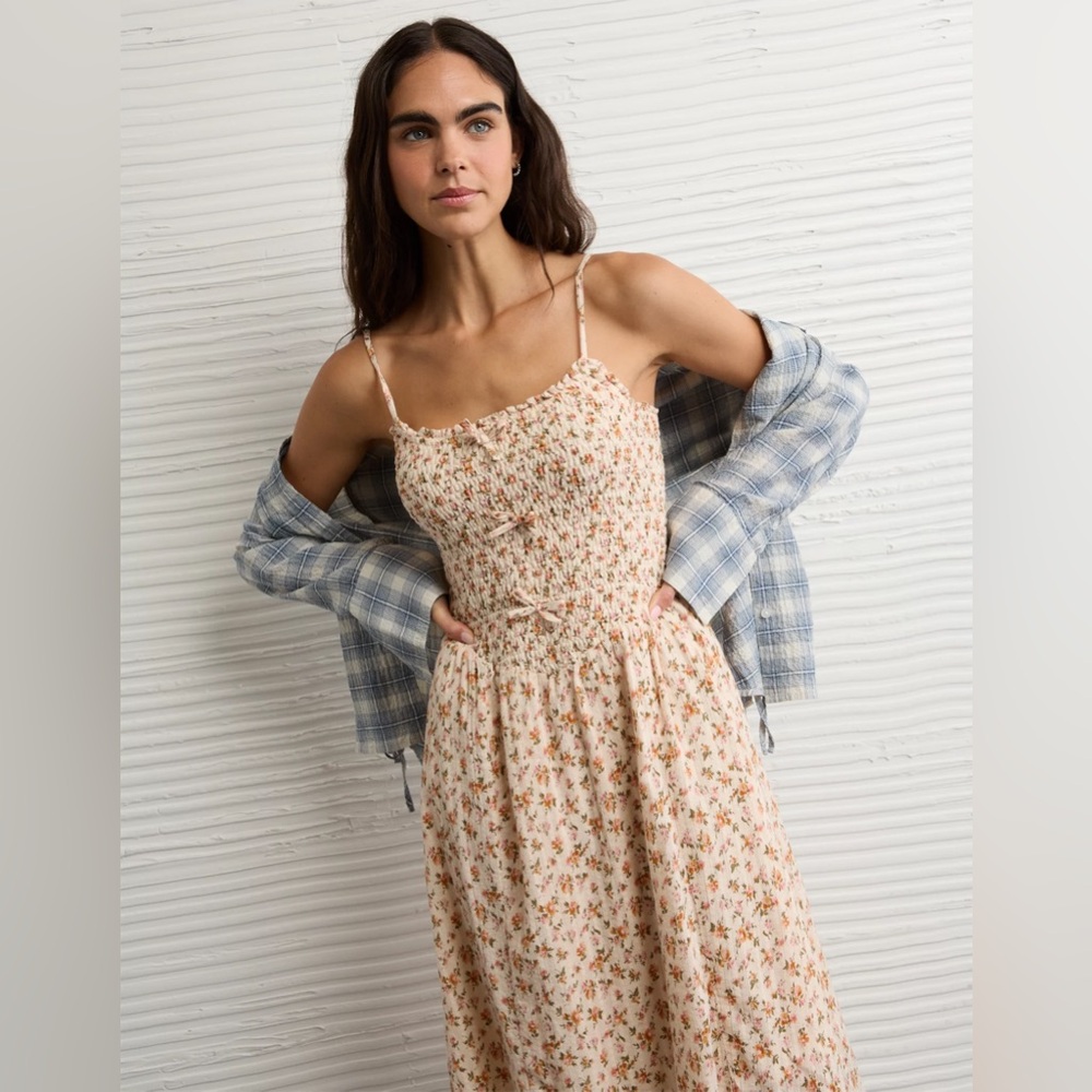 American Eagle Dress Womens Medium Bella Bow Midi Floral Boho Cottagecore - Picture 3 of 12